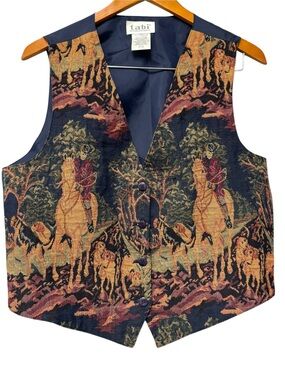 Tabi Vintage Tapestry Horse Equestrian Scene Vest in Navy & Gold